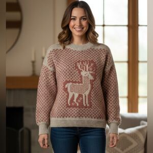 Lillunn Vintage Rust & Tan Norwegian Inspired Reindeer Pullover Wool Sweater